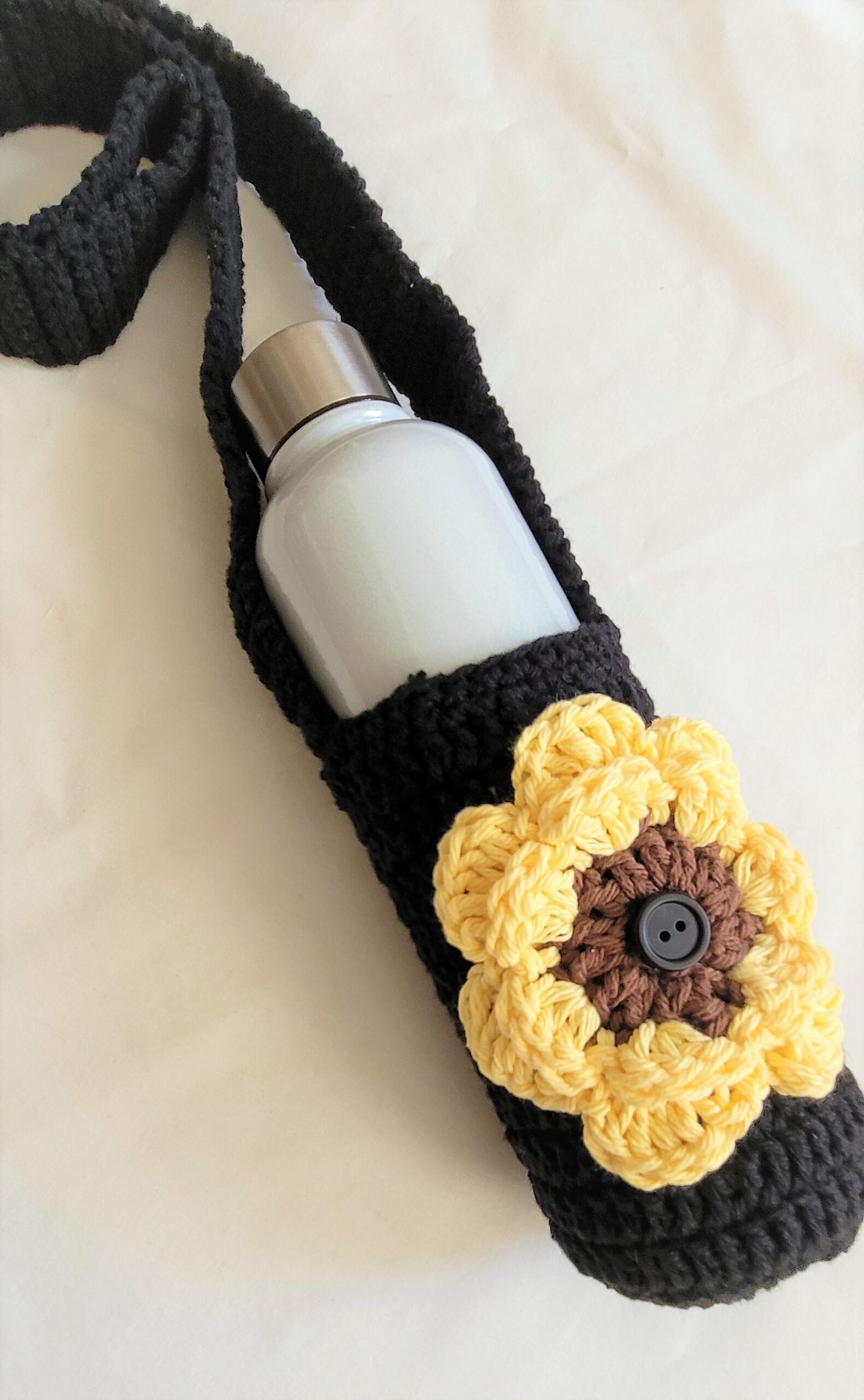 Water Bottle Holder with Strap - Black with Yellow Flower