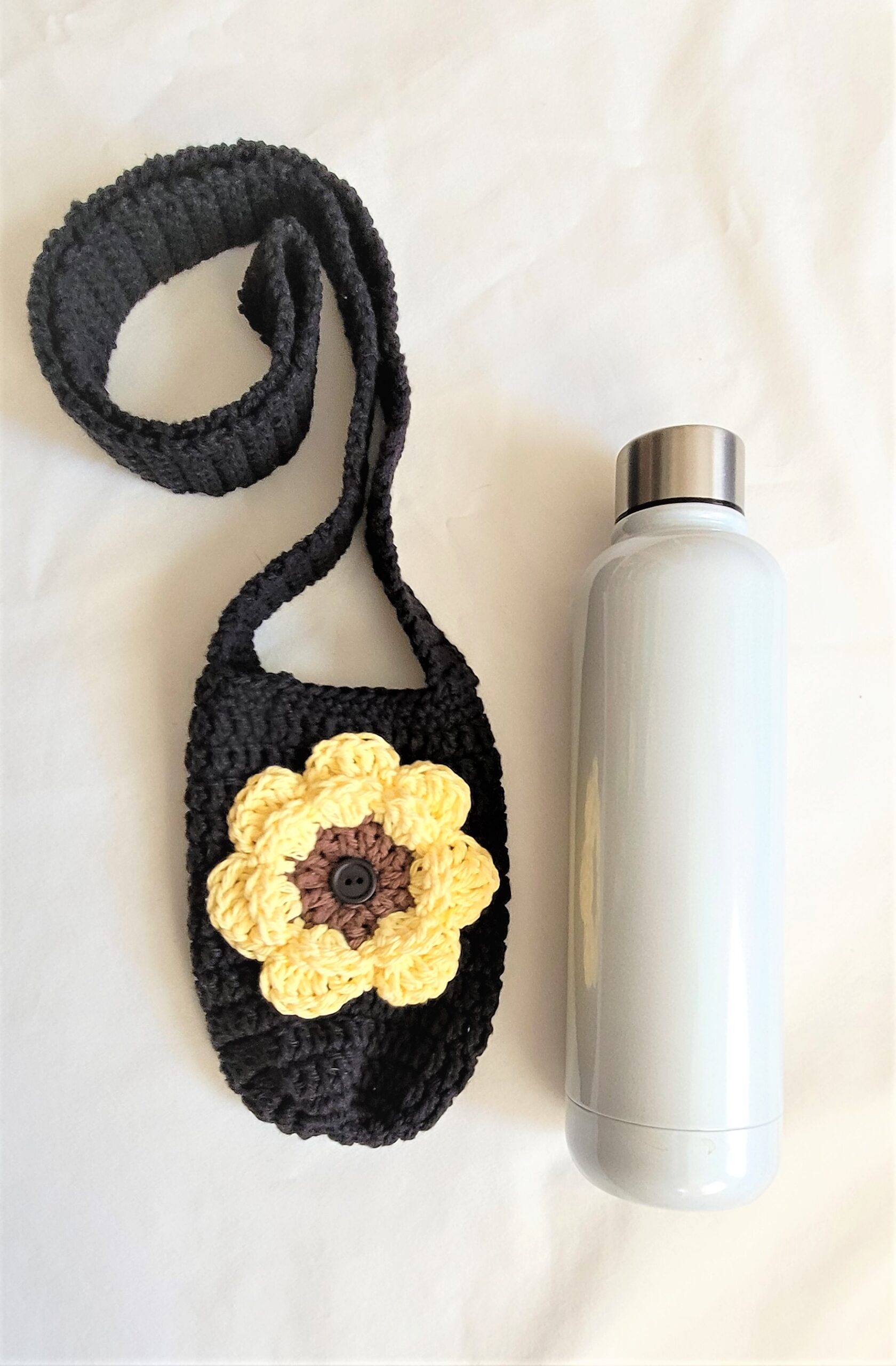Water Bottle Holder with Strap - Black with Yellow Flower - Image 4