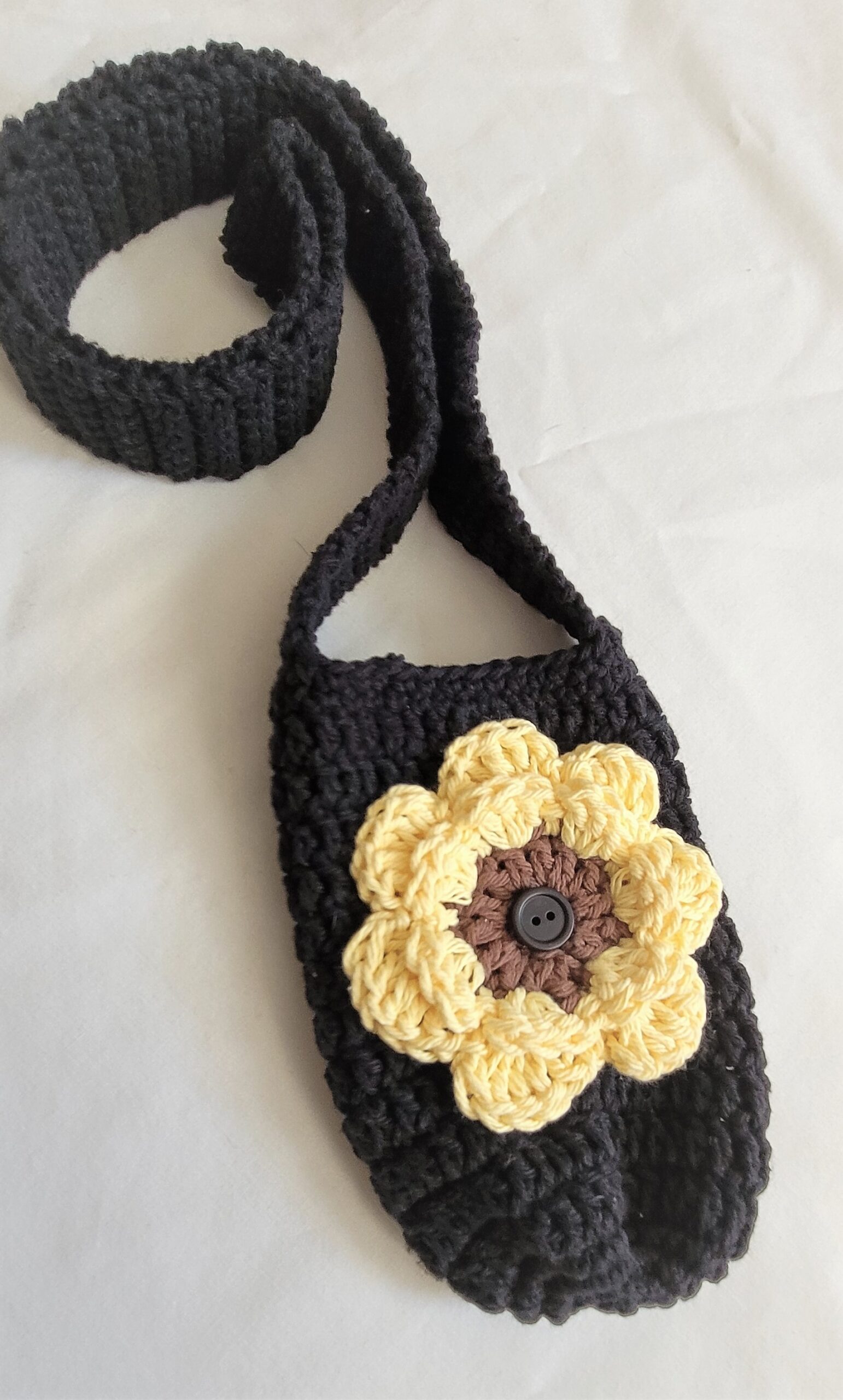 Water Bottle Holder with Strap - Black with Yellow Flower - Image 2