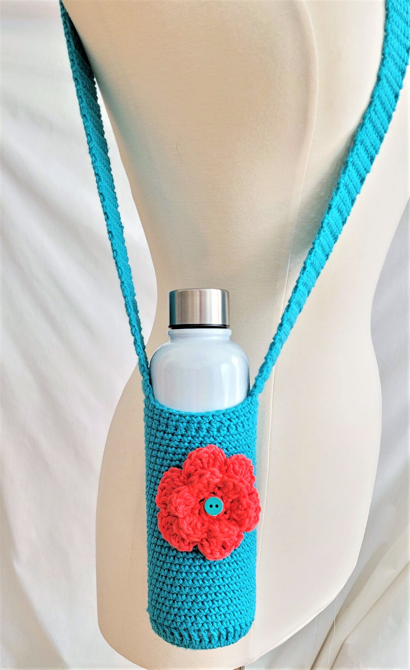 Water Bottle Holder with Strap - Teal with Pink Mango Flower - Image 7