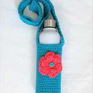 Water Bottle Holder with Strap - Teal with Pink Mango Flower