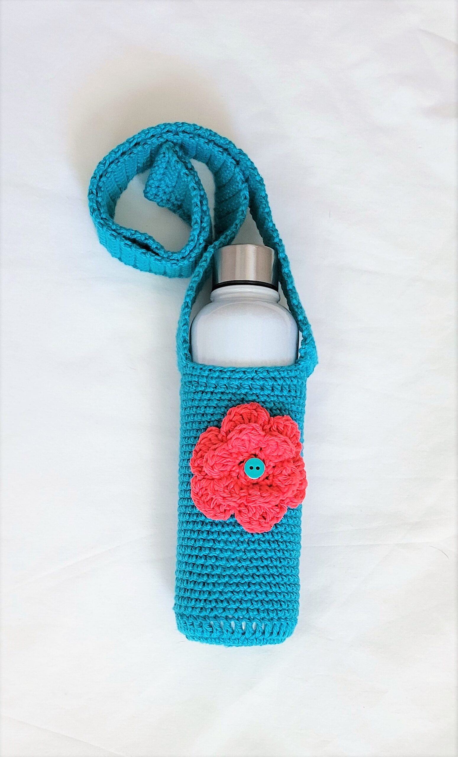 Water Bottle Holder with Strap - Teal with Pink Mango Flower