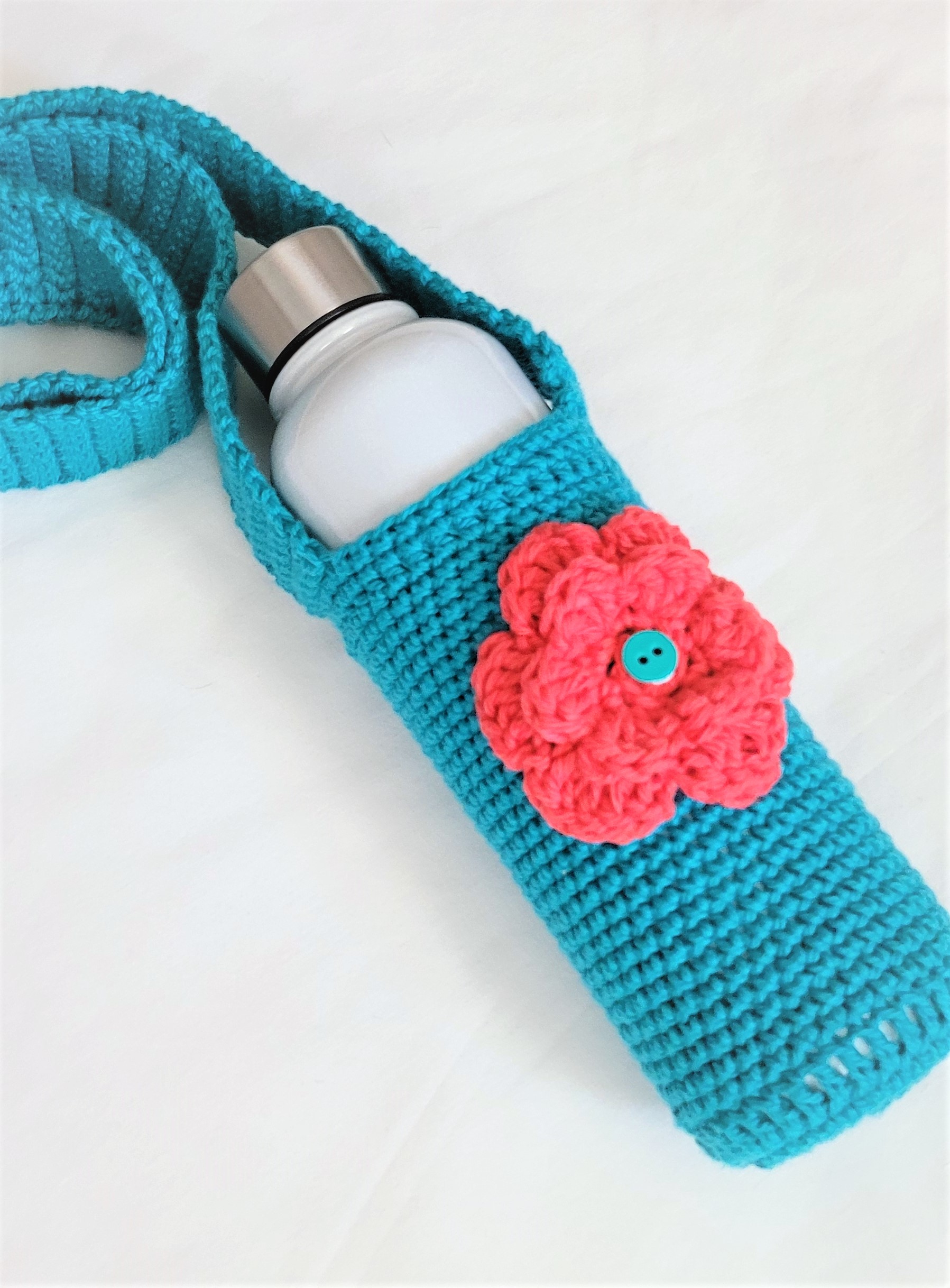 Water Bottle Holder with Strap - Teal with Pink Mango Flower - Image 5