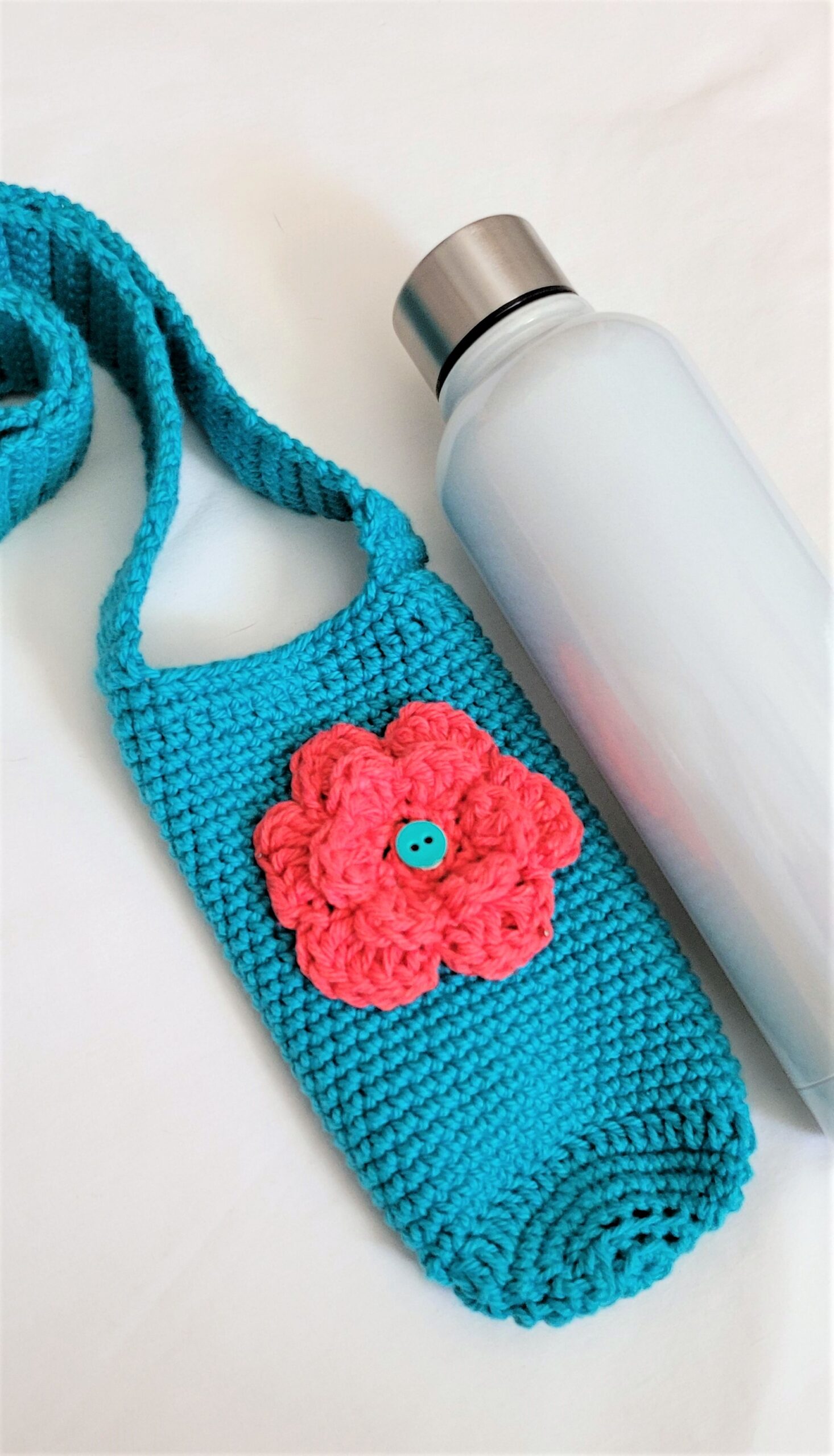 Water Bottle Holder with Strap - Teal with Pink Mango Flower - Image 3