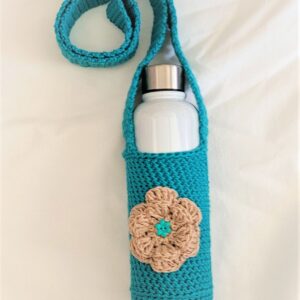 Water Bottle Holder with Strap - Teal with Tan Flower