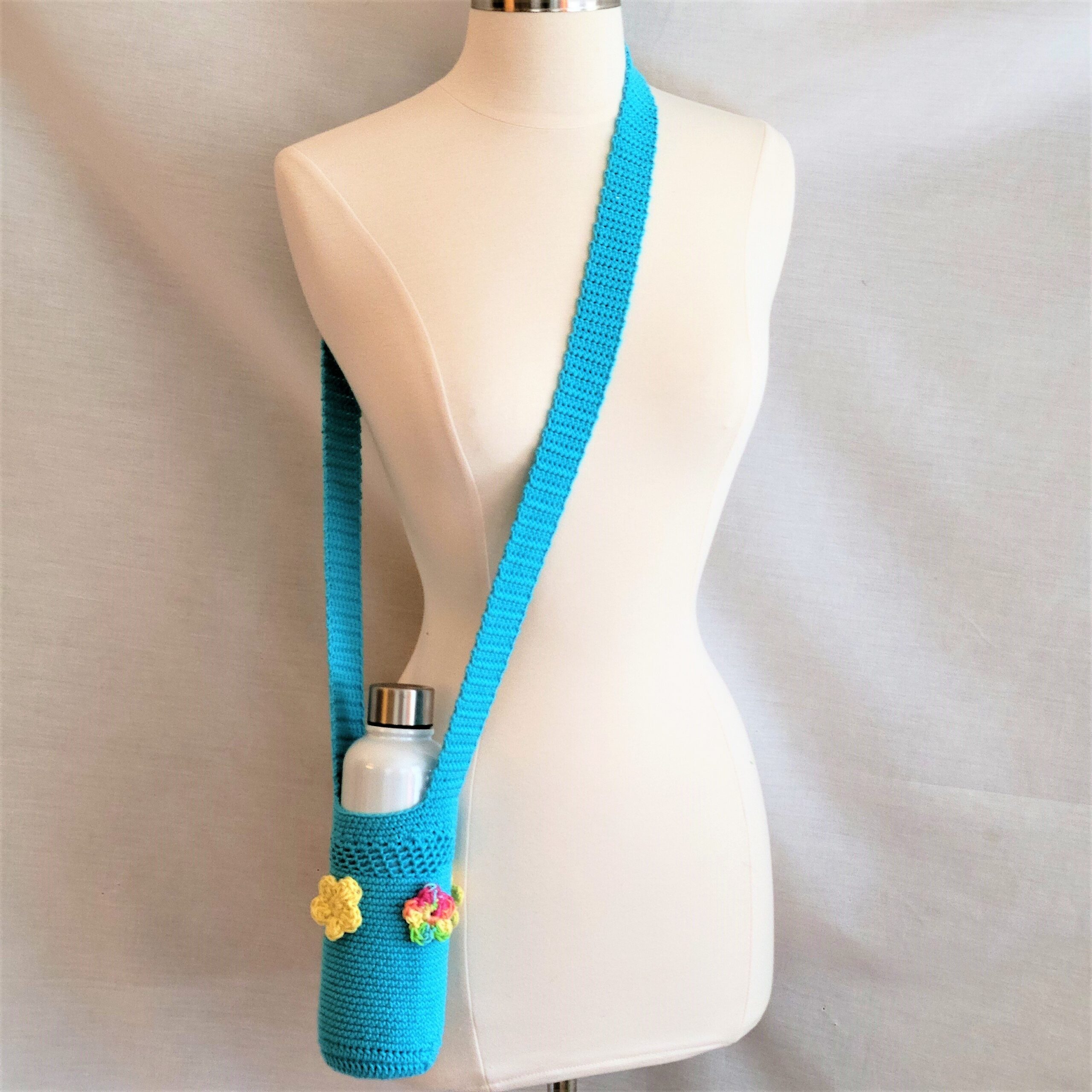 Water Bottle Holder with Strap - Turquoise with Small Flowers - Image 3