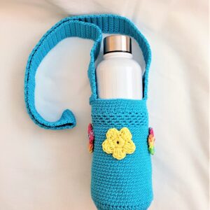 Water Bottle Holder with Strap - Turquoise with Small Flowers