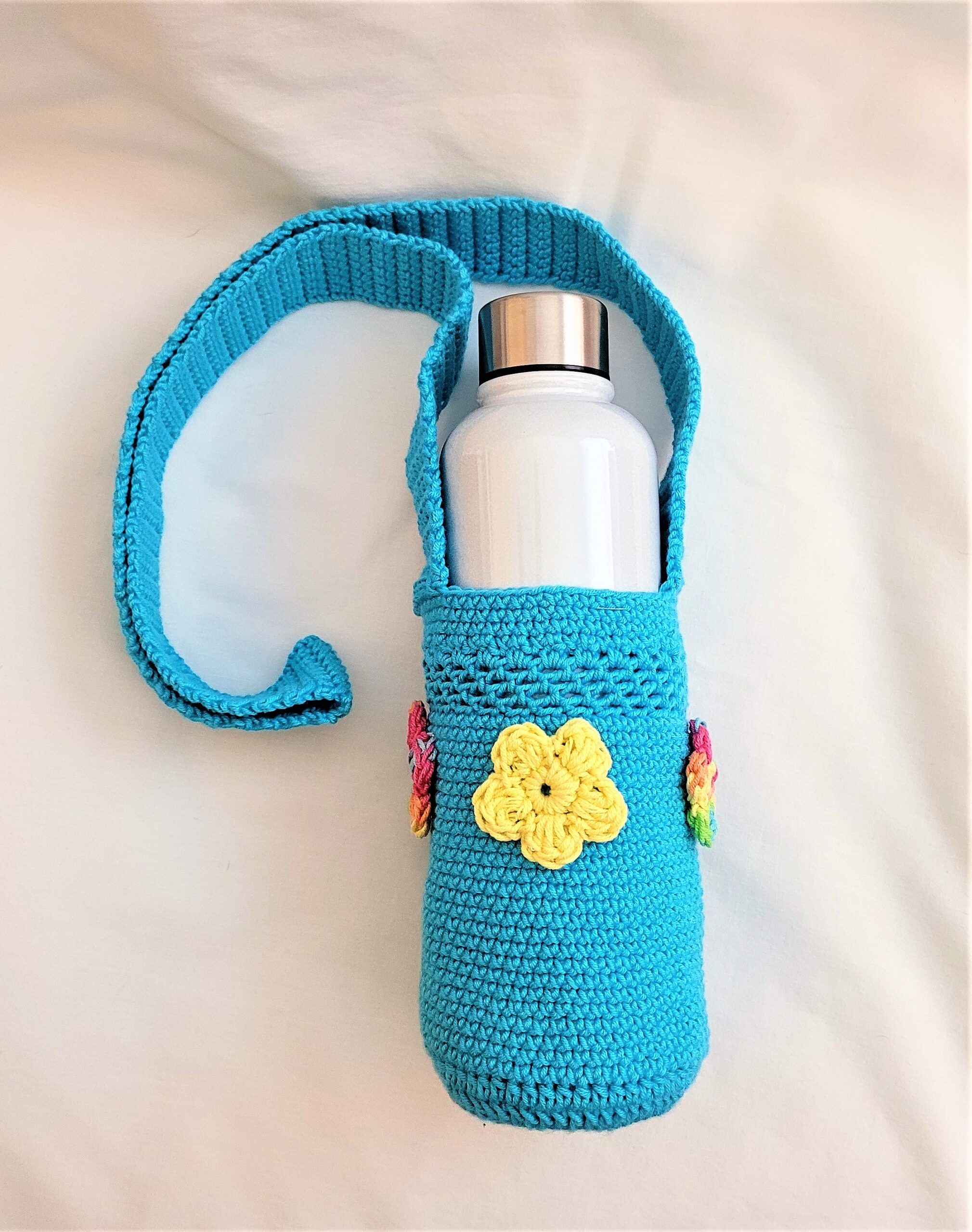 Water Bottle Holder with Strap - Turquoise with Small Flowers