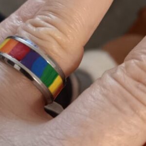 Resin coated Polymer Clay pride flag inlaid band, size 7