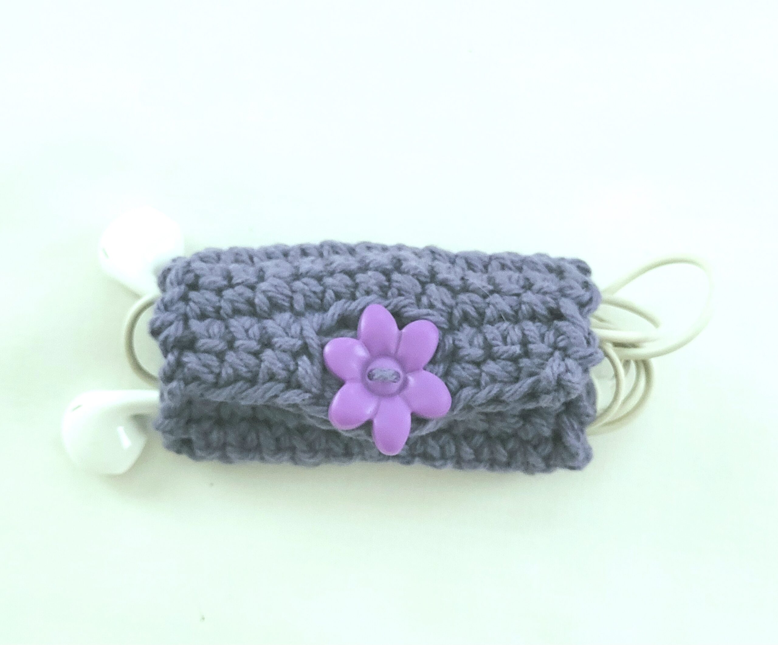 Cord Keeper, Crochet Cord Holder - Grape with Purple Flower Button