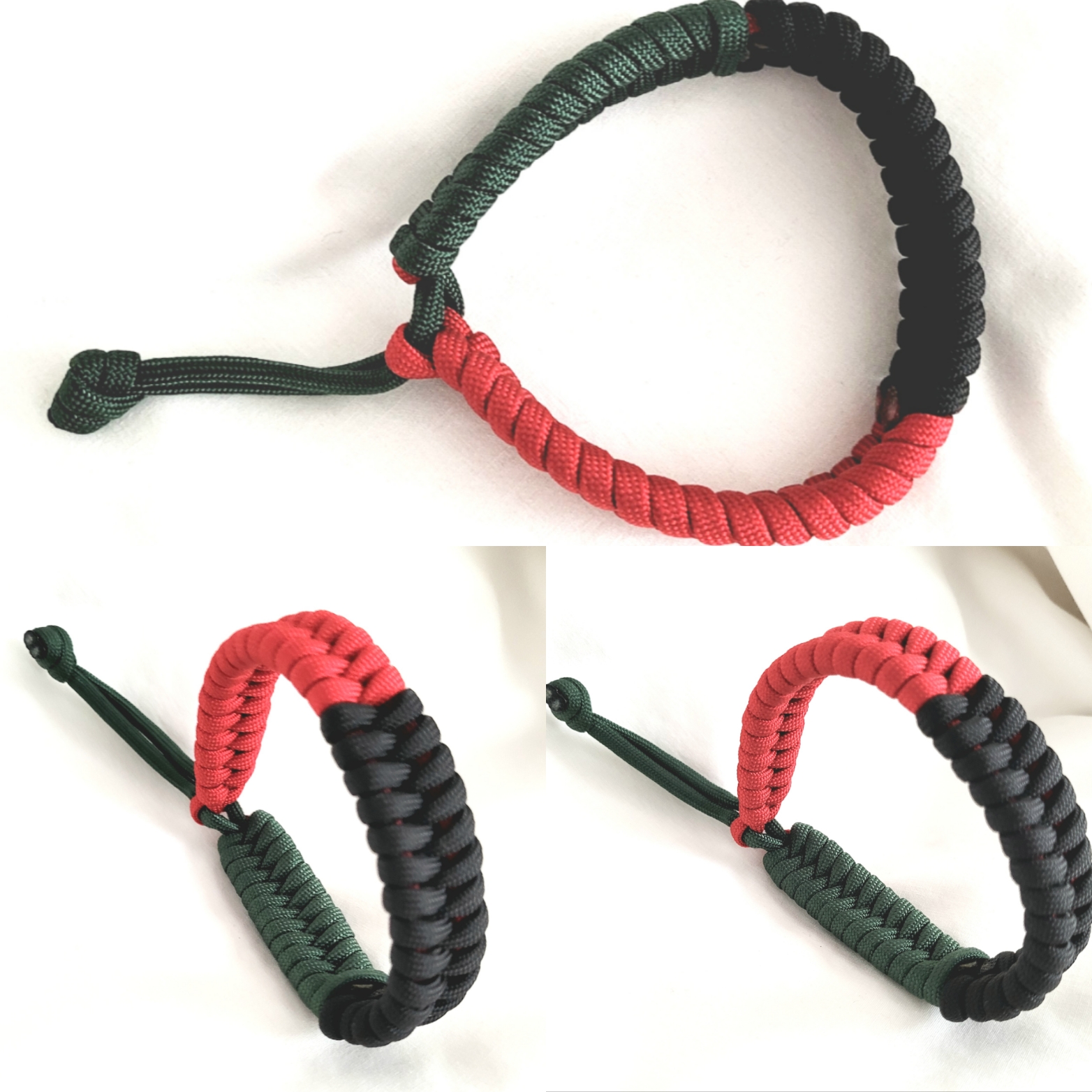 Paracord Braided Unisex Adjustable Bracelet - Green, Red and Black - Image 2