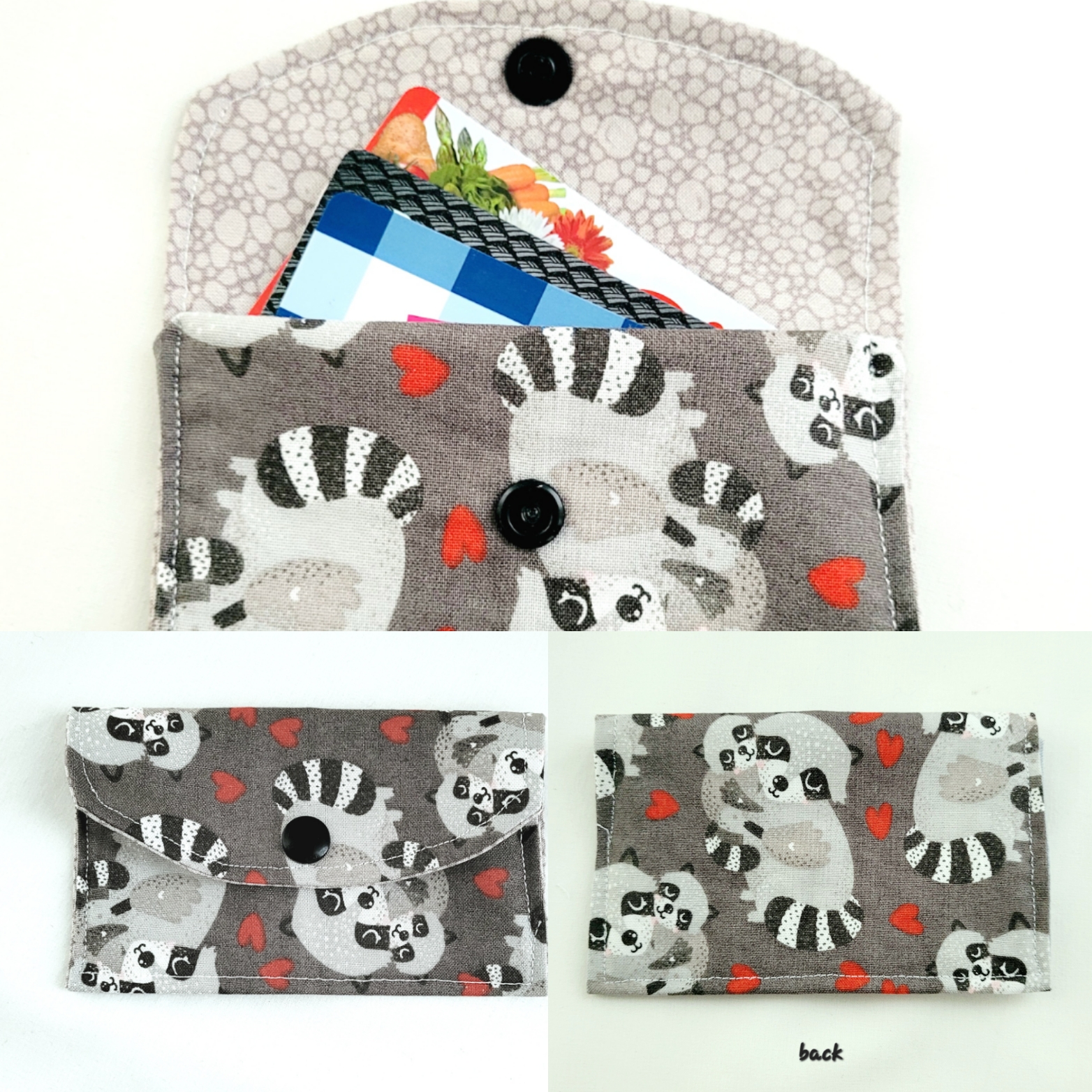 Mini Wallet, Gift Card Multi-Purpose Holder, Fabric - Grey Raccoons (Black Button) - Image 4