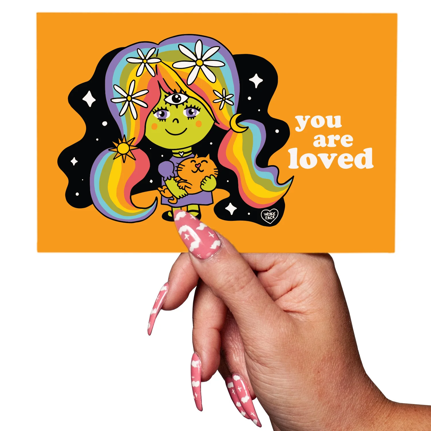 You Are Loved Alien Girl with Cat Postcard