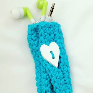 Cord Keeper, Crochet Cord Holder - Turquoise with White Heart Button