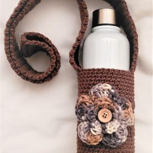 Water Bottle Holder with Strap - Brown with Flower