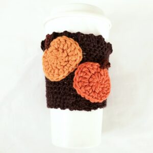 Coffee Cup Sleeve – Crochet Reusable Cup Cozy - Brown with Pumpkins
