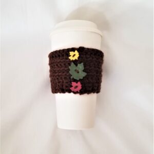 Coffee Cup Sleeve – Crochet Reusable Cup Cozy - Brown with Autumn Leaves