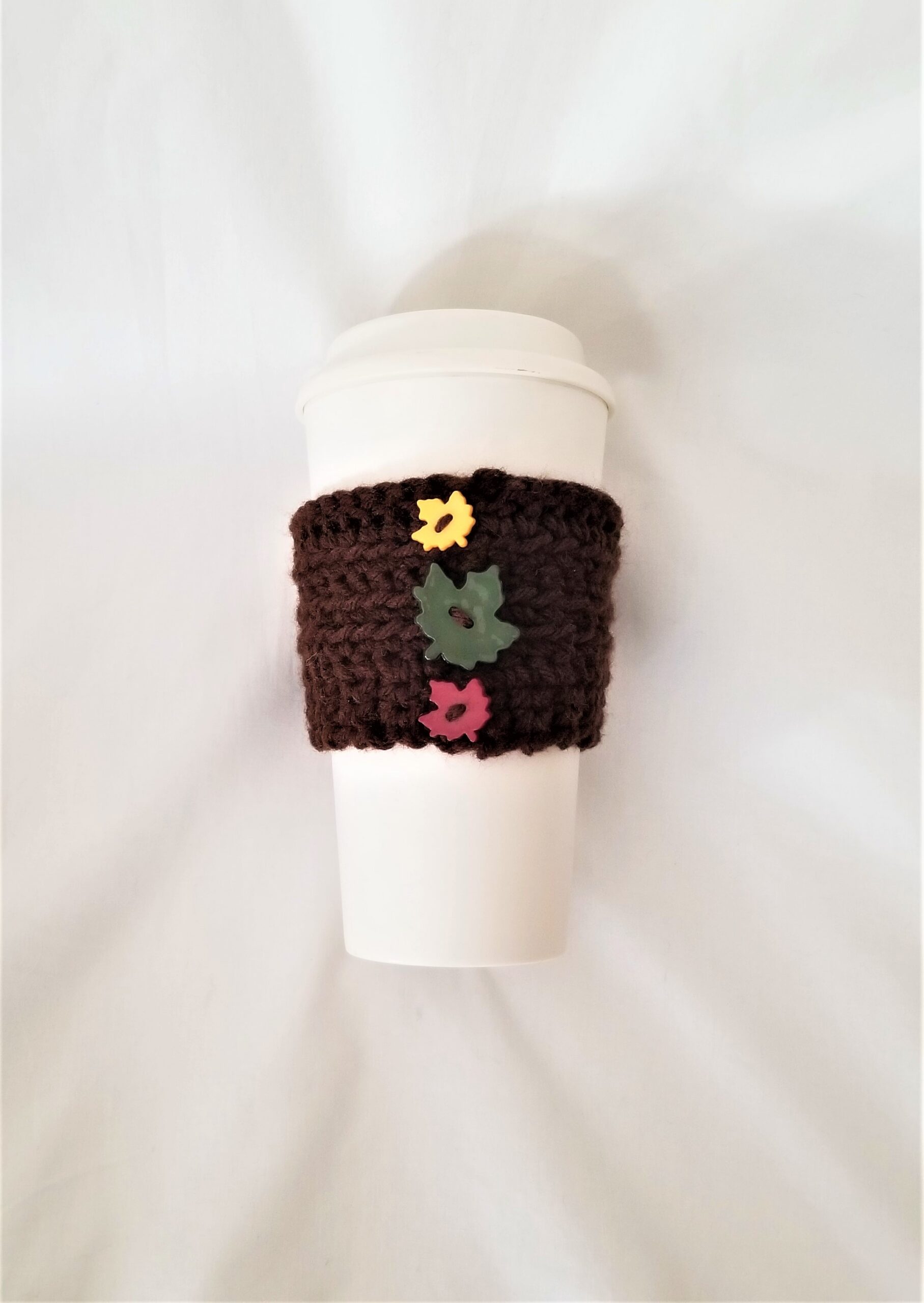 Coffee Cup Sleeve – Crochet Reusable Cup Cozy - Brown with Autumn Leaves