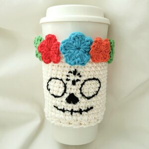 Coffee Cup Sleeve – Crochet Reusable Cup Cozy - Floral Sugar Skull
