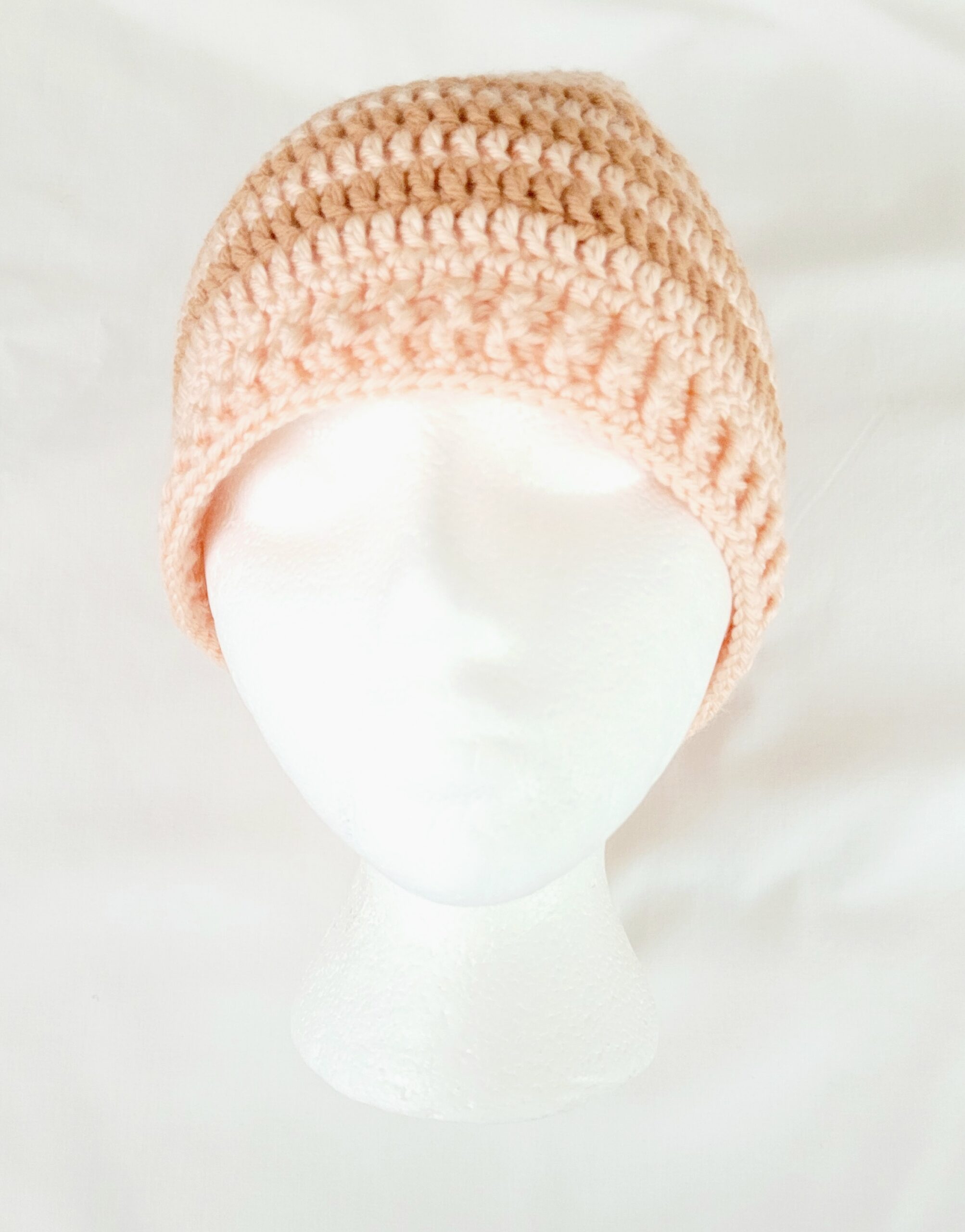 Hat - Crochet Unisex Hat - Peach with Tan Stripes - Image 2