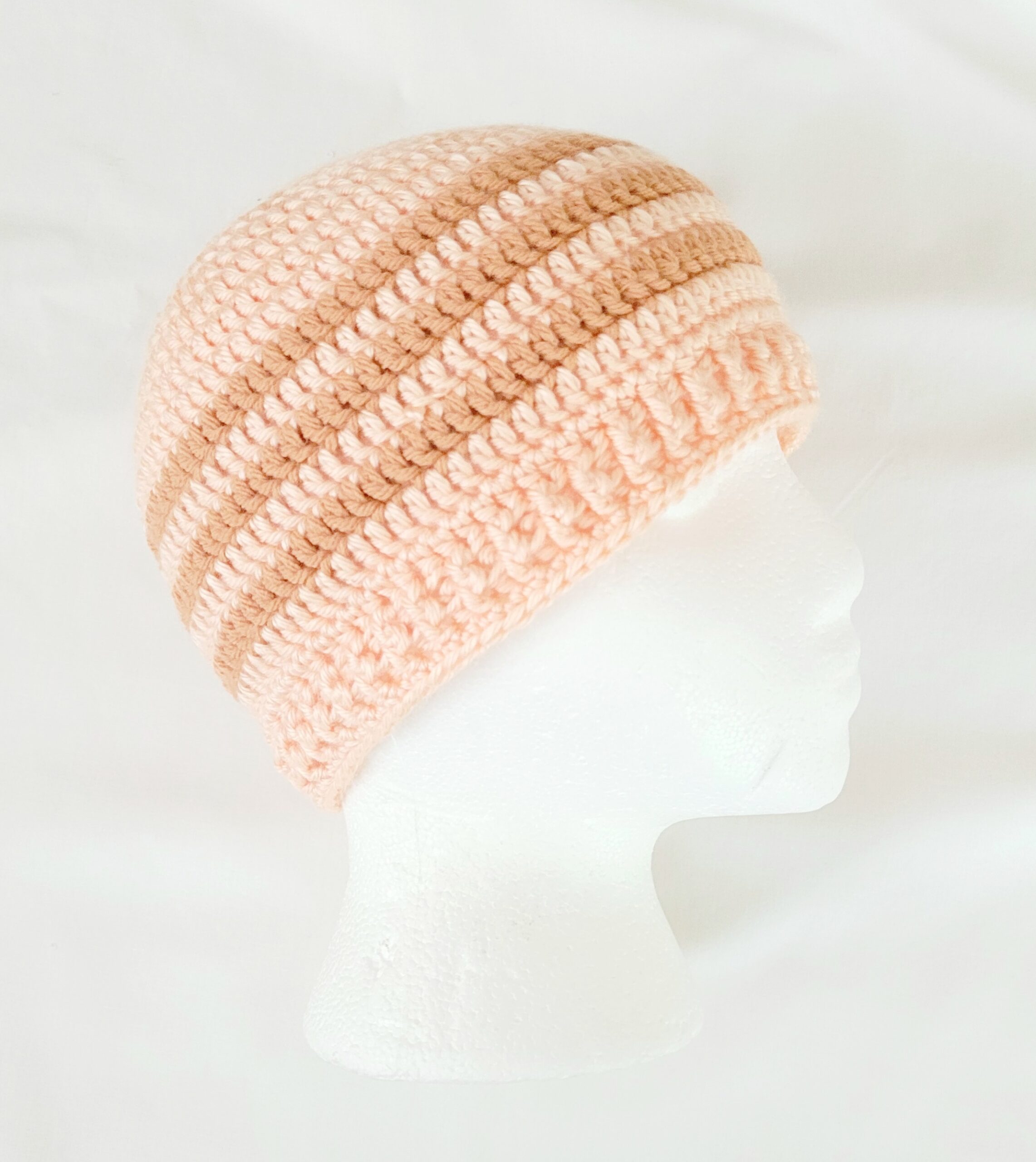 Hat - Crochet Unisex Hat - Peach with Tan Stripes